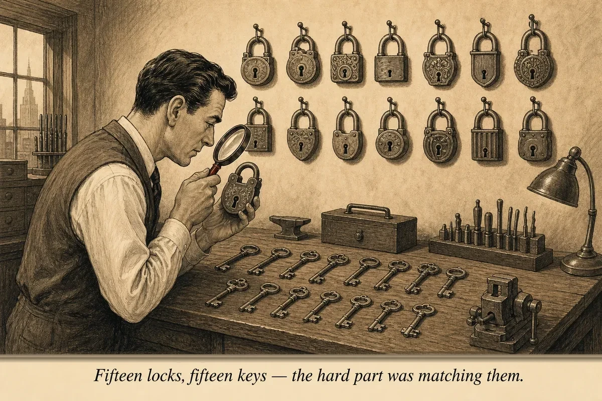 A locksmith at a workbench surrounded by labeled keys, studying a complicated lock with a magnifying glass