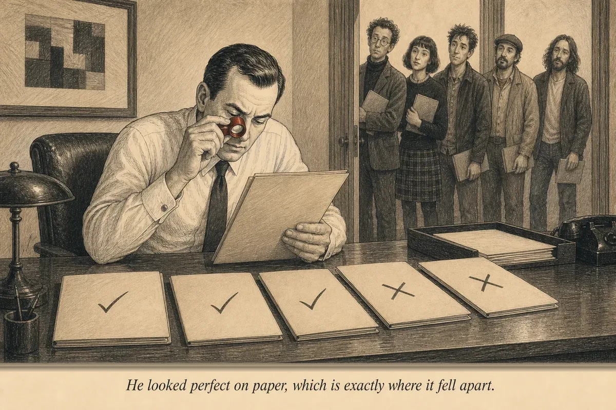 An operator holds up a scorecard while examining a line of creator candidates through a jeweler's loupe