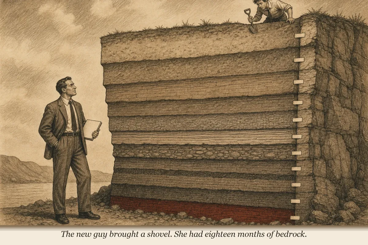 A geologist examining thick sedimentary layers in a cliff face while a newcomer with a shovel stands at the surface looking down