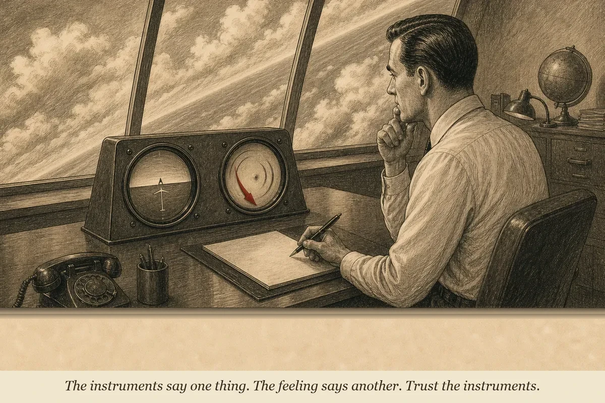 An operator sits at a mid-century desk looking at an altimeter spinning downward while through his window the artificial horizon shows level flight