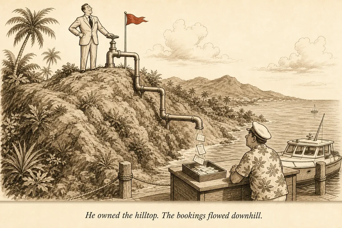 An operator on a Hawaiian hilltop planting a flag into a domain name deed while a boat tour operator at the shore below watches bookings flow downhill through a pipe the operator controls