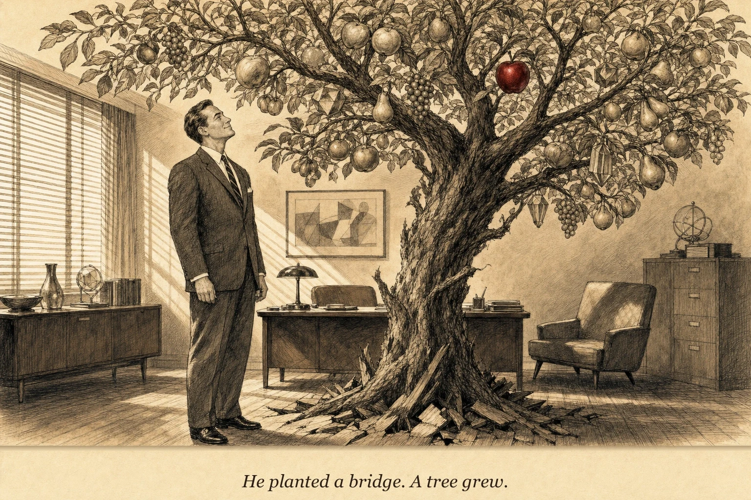 An operator standing beside a large tree in an office, the trunk labeled-free but with many branches bearing different fruits — each branch representing a derivative asset growing from the same root system