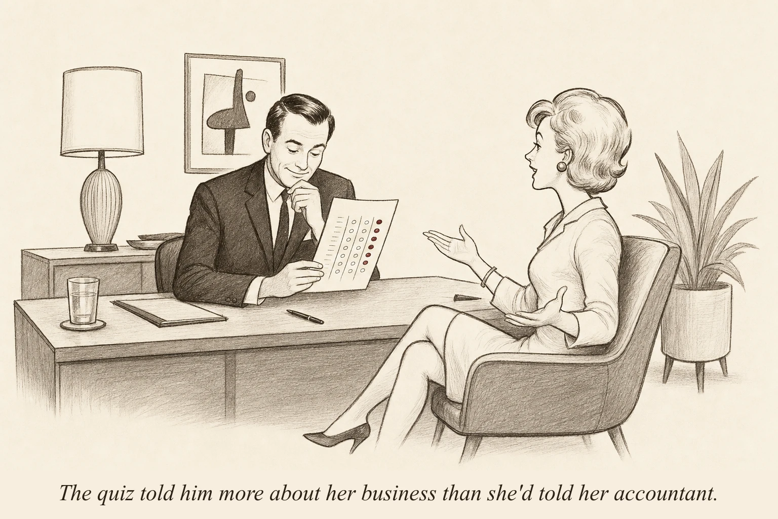 An operator at a desk studying a single sheet of quiz responses with a slight smile, while across the desk the subscriber sits relaxed, unaware of how much they have revealed