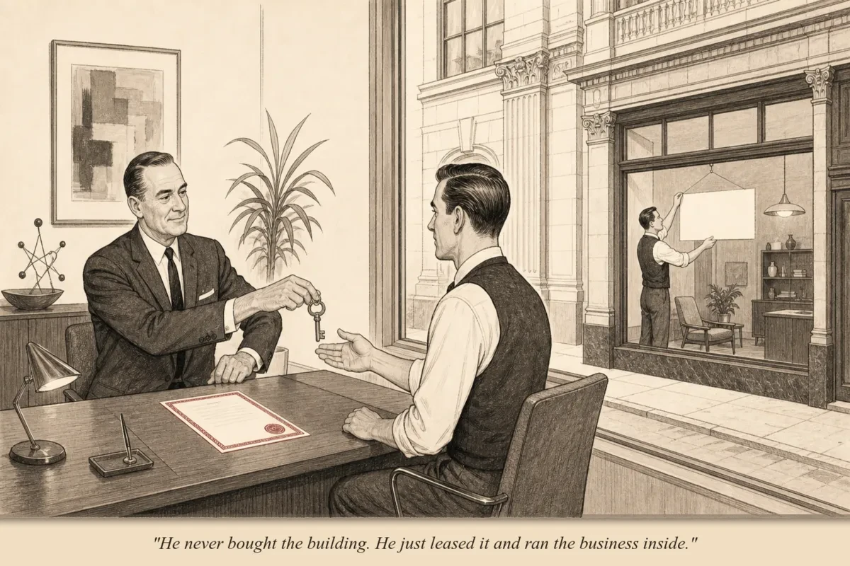 An operator holding a lease document and a set of keys, standing between a property owner on one side and a line of tenants on the other