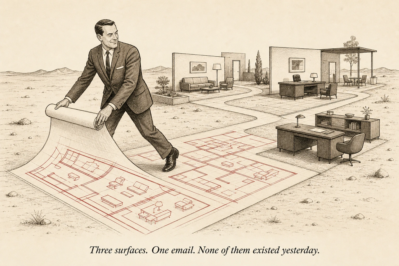 An operator standing on barren ground, unrolling a blueprint — behind him, where the blueprint has already been laid, furnished rooms and pathways have materialized from bare earth
