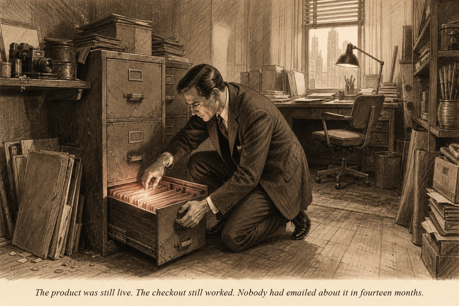 An operator opening a dusty filing cabinet drawer in a creator's office, revealing stacks of forgotten product folders glowing with potential revenue inside