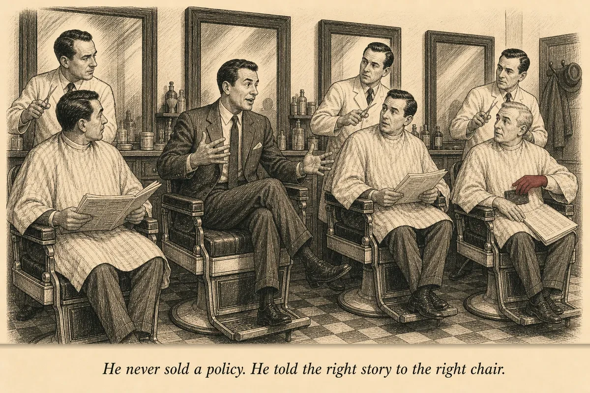 An insurance salesman in a barbershop telling a story while three men lean in — their chairs tilted forward, their newspapers forgotten in their laps