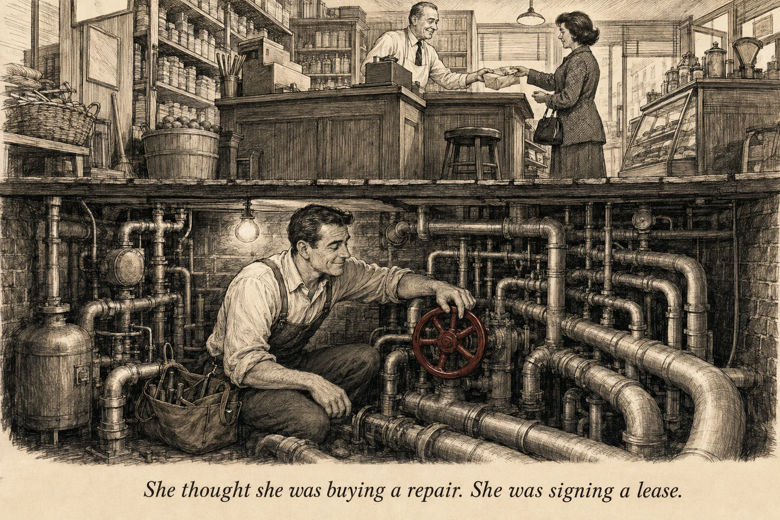 An engineer with a toolbag adjusting a valve in the basement pipework beneath a shop floor, while upstairs the shopkeeper takes payment unaware
