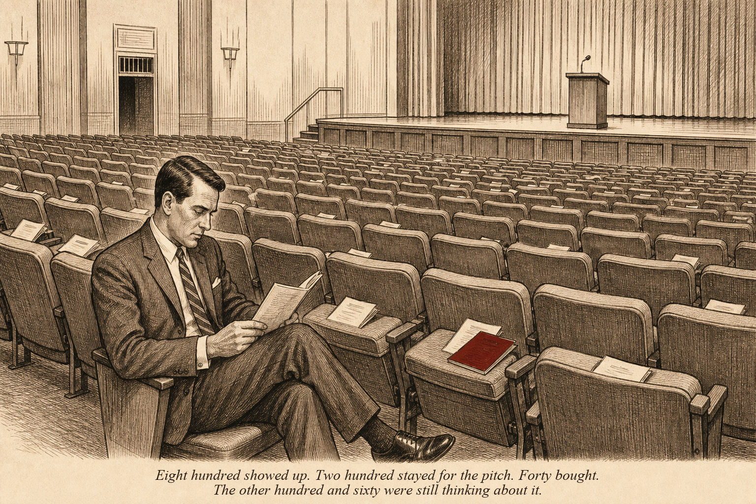 An operator sitting in an empty auditorium after a presentation, studying a list of names left on the seats — the people who stayed for the whole show but left without buying