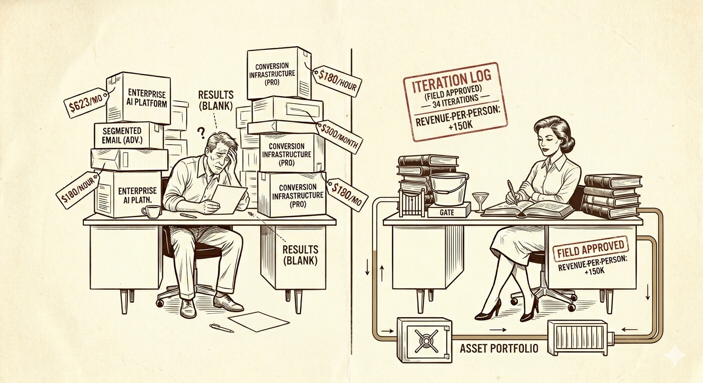 Two operators at identical desks: one staring at a pristine untouched system, the other surrounded by a thick ledger of test results with a thriving operation