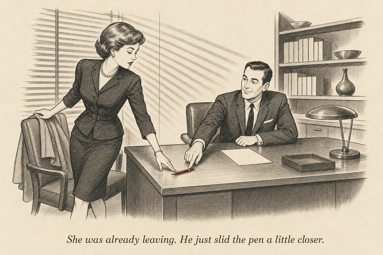 An operator casually slides a pen across a desk toward a person who is half-standing with one hand reaching for their coat