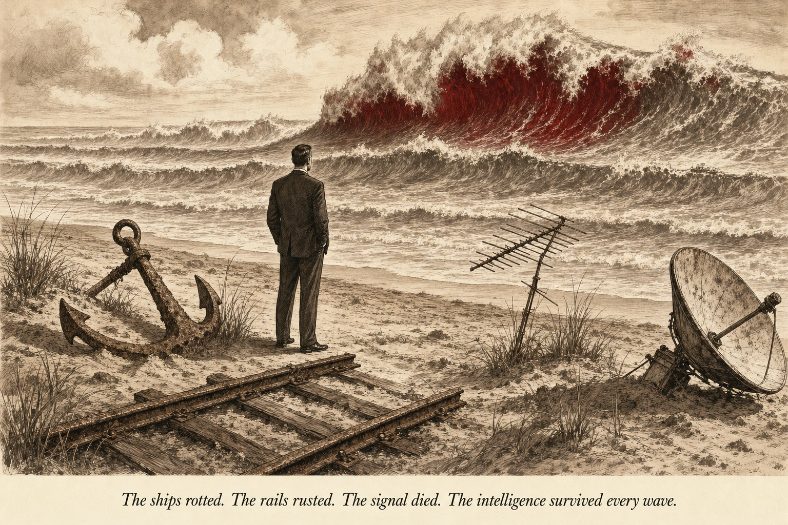 An operator standing on a shoreline watching the fifth in a series of enormous waves approaching — each previous wave has left artifacts on the beach (a ship anchor, railroad tracks, a TV antenna, a satellite dish) and the fifth wave carries digital infrastructure