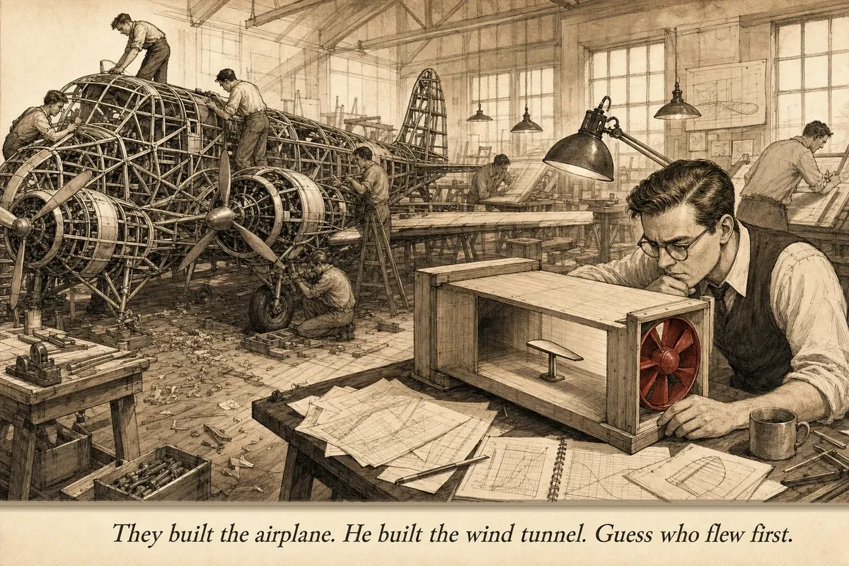 An operator in a workshop building a wind tunnel while competitors build elaborate airplanes that have never flown