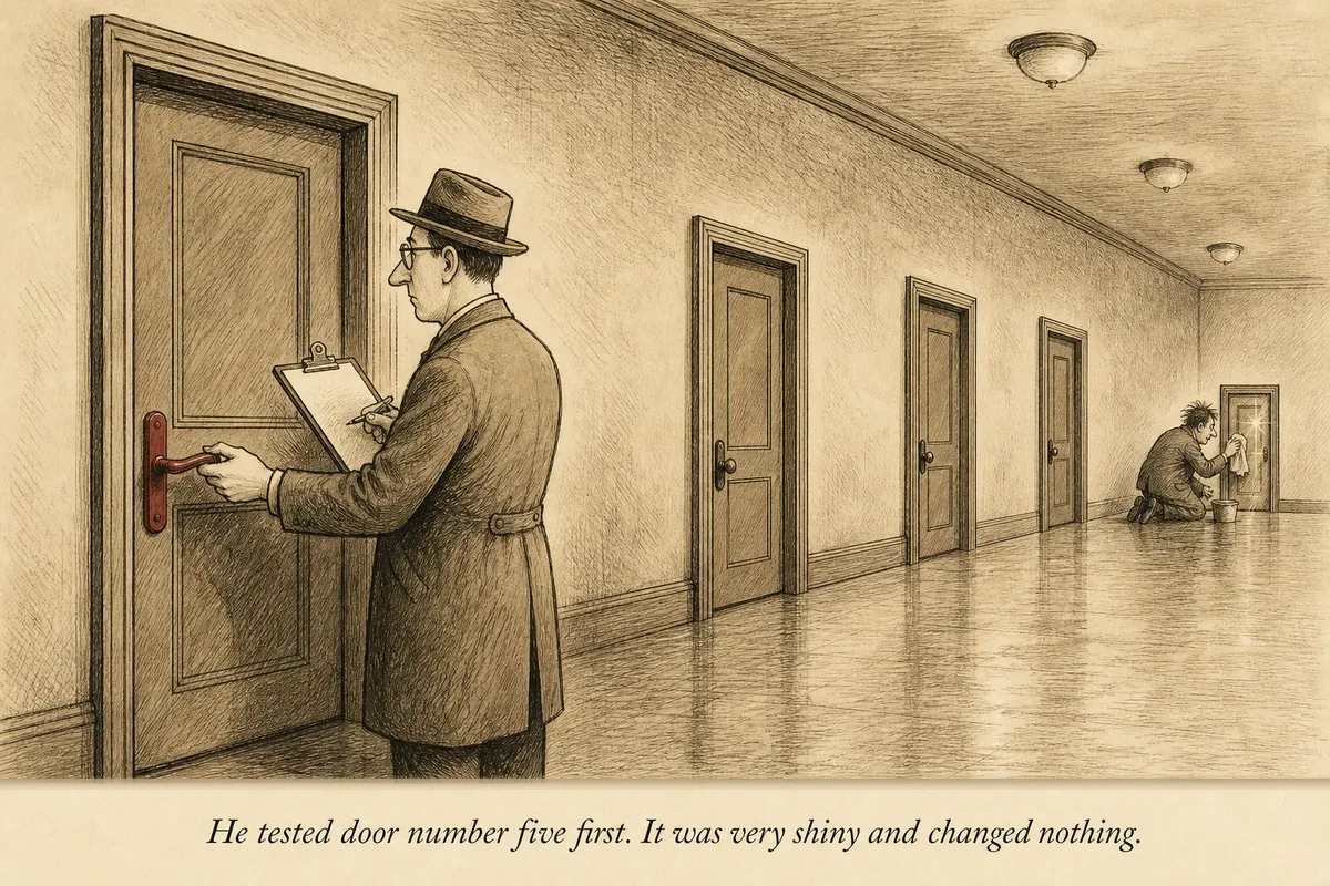 An operator studying five numbered doors of decreasing size while another person polishes the smallest door with great enthusiasm