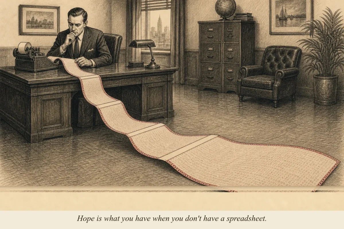 A man at a desk studying a long scroll of paper unfurling from a calculator, with the scroll stretching into five distinct sections labeled Year 1 through Year 5