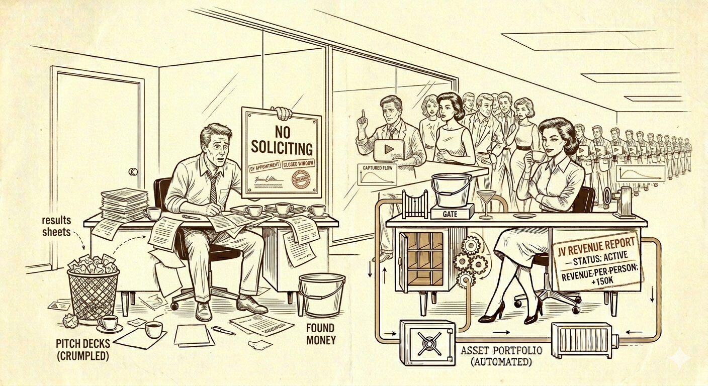 An operator slides a revenue report across a desk to a stunned creator who is still holding a 'No Soliciting' sign