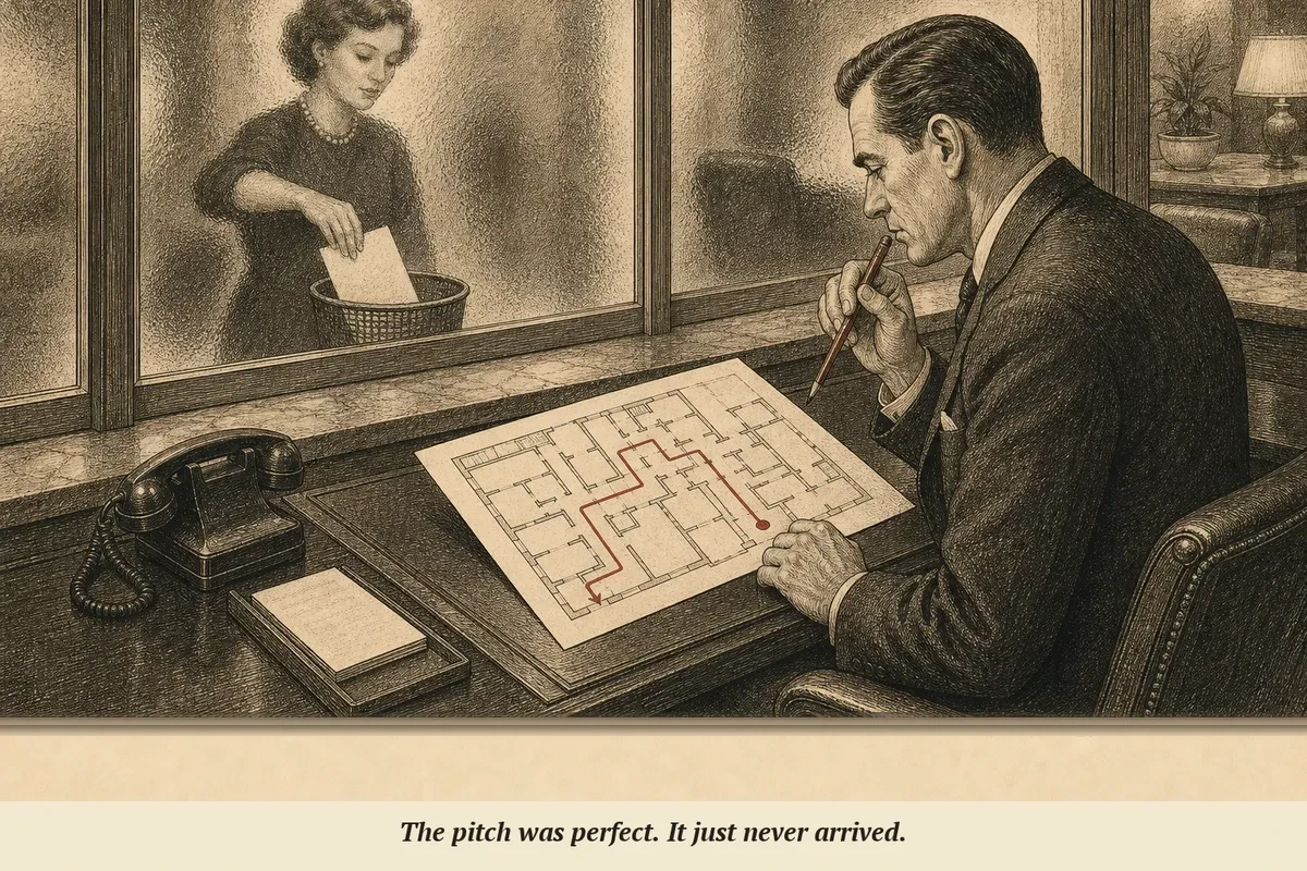 An operator studies a building floor plan while a receptionist files proposals into a trash can behind frosted glass