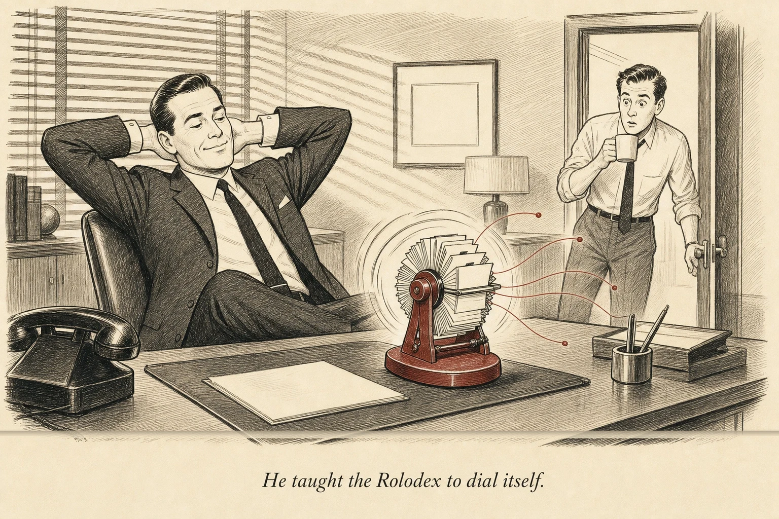 An operator at a mid-century desk leans back with hands behind his head while a small mechanical device on the desk spins by itself with thin red threads extending outward
