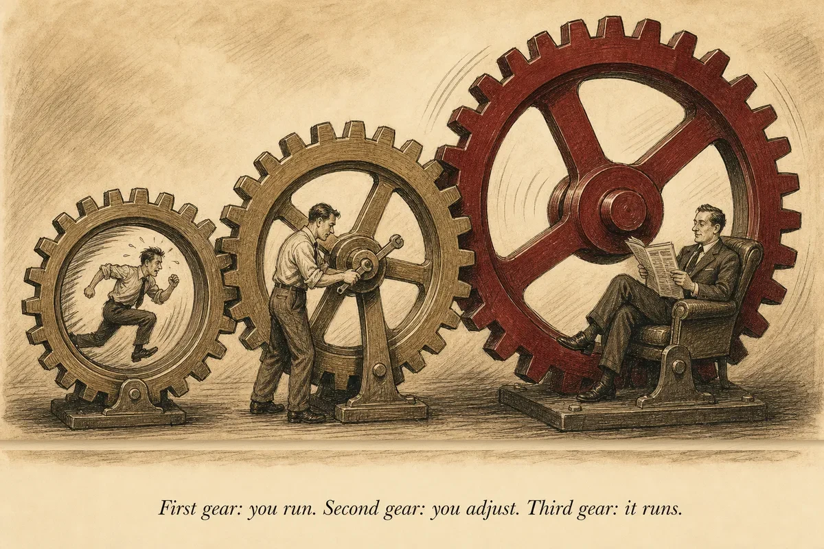 Three gears of increasing size — an operator running inside the smallest like a hamster wheel, standing beside the medium one adjusting it with a wrench, and sitting in a chair reading while the largest turns on its own