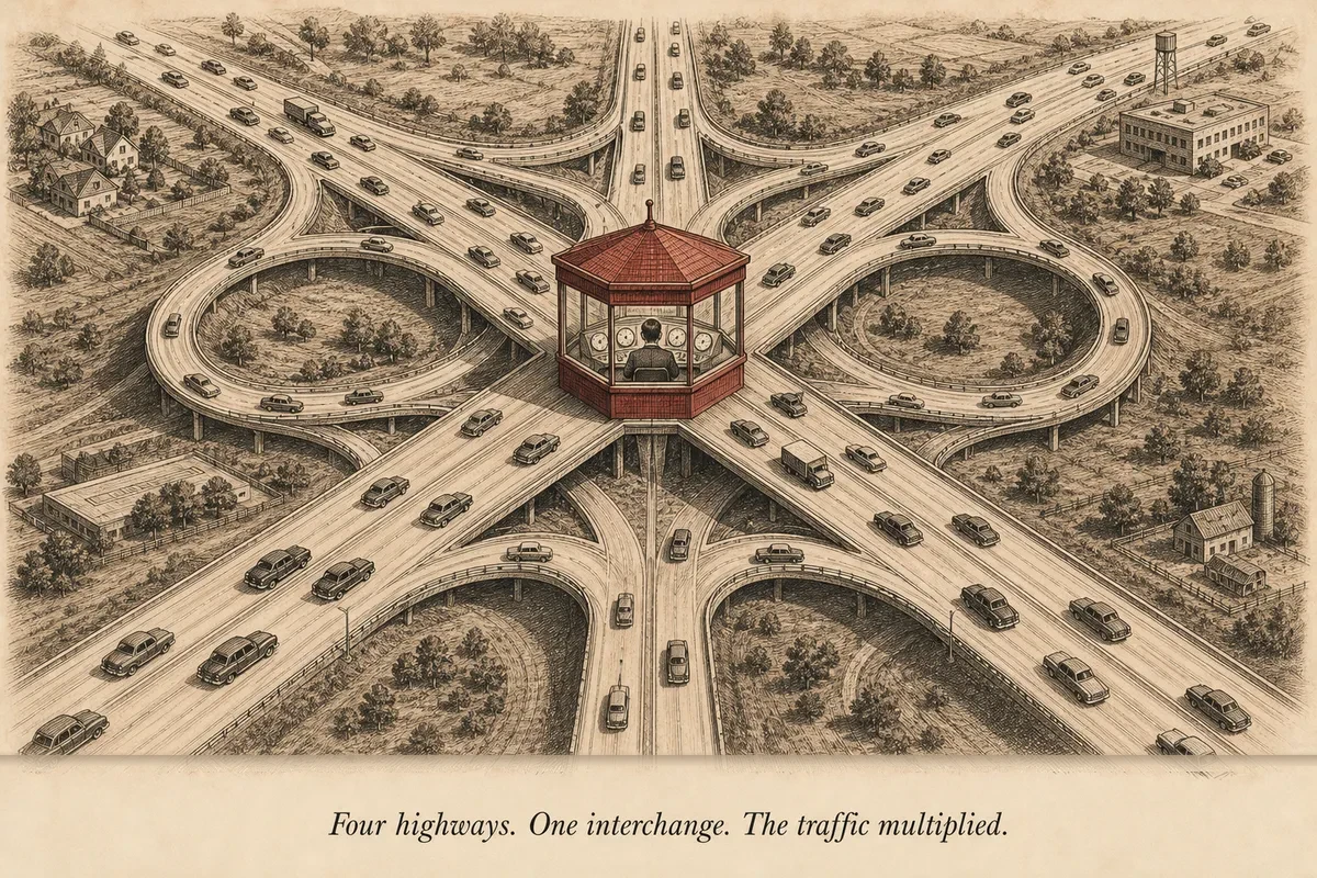 An aerial view of a cloverleaf highway interchange where four roads converge, with a small toll booth control tower at the center — an operator inside watches traffic flow between all four highways on a dashboard of gauges
