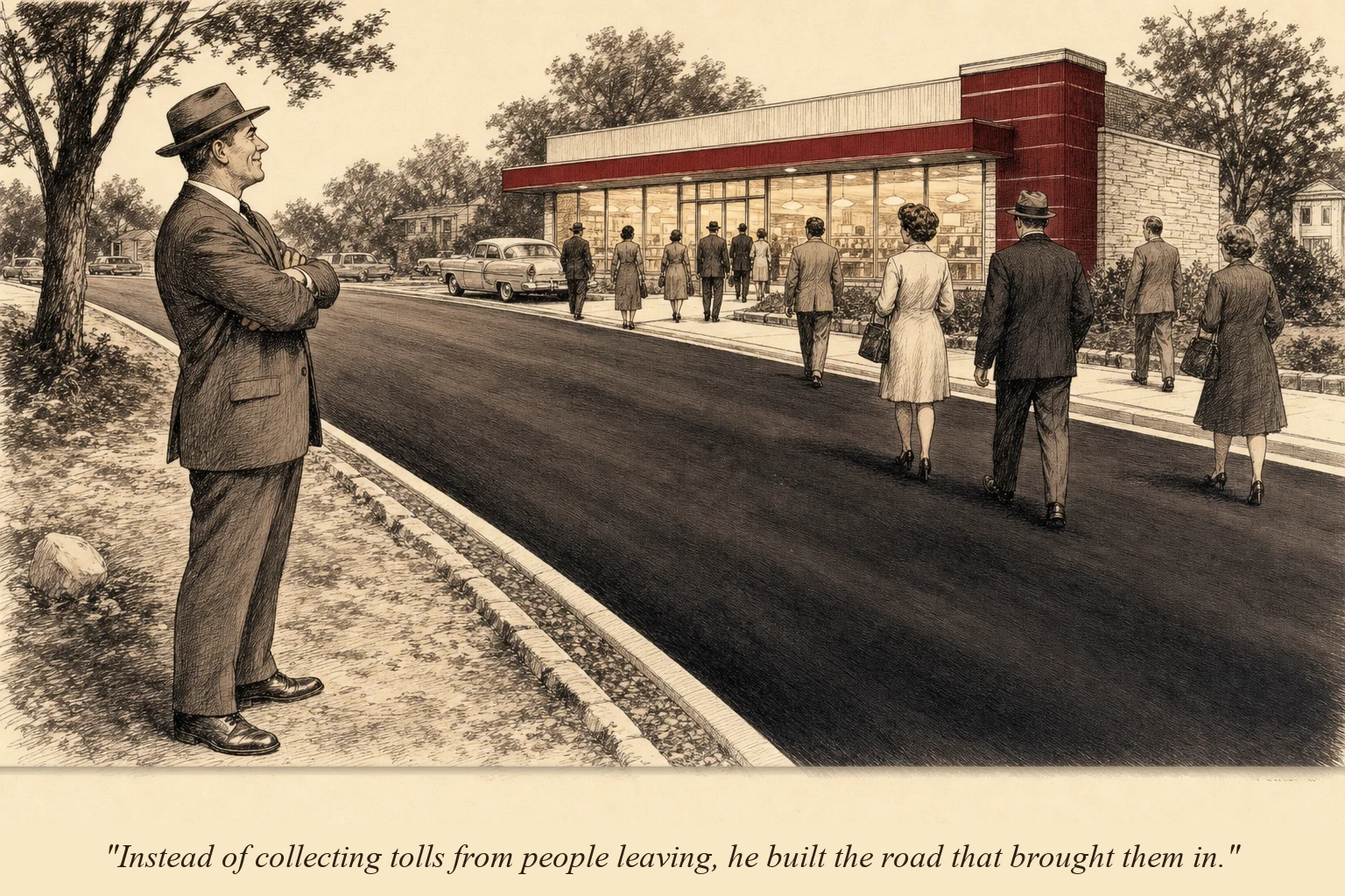 An operator building a road that leads toward a creator's storefront, while traffic flows along the new road toward the store — the opposite direction of a standard toll bridge