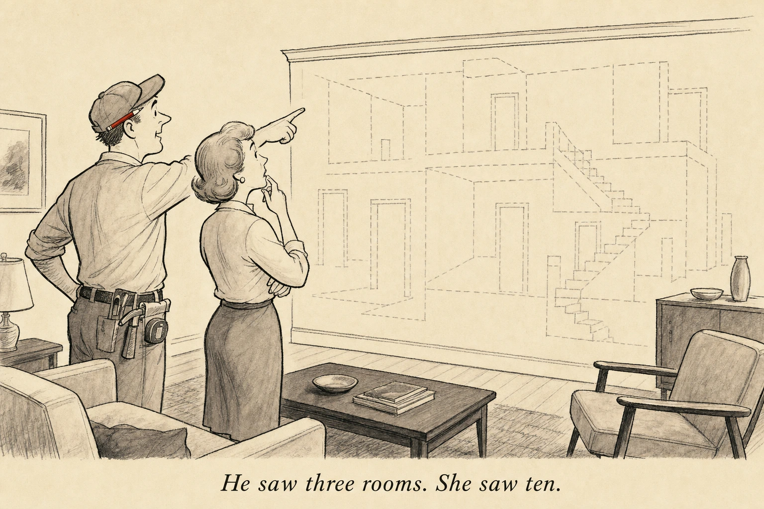A contractor and a homeowner standing in a modest living room, the contractor pointing confidently at a plain wall while the homeowner looks puzzled — faint architectural outlines on the wall hint at hidden rooms behind it