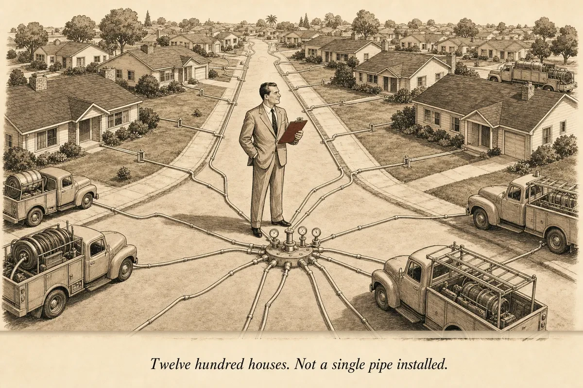 An operator standing at the center of a suburban street holding a clipboard while identical houses on both sides have small pipes running from their front doors to a central collection junction at the operator's feet