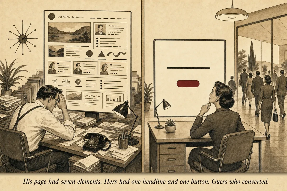 An operator at a minimalist desk with a single-headline landing page on screen, while a competitor's desk overflows with testimonials, logos, and credentials
