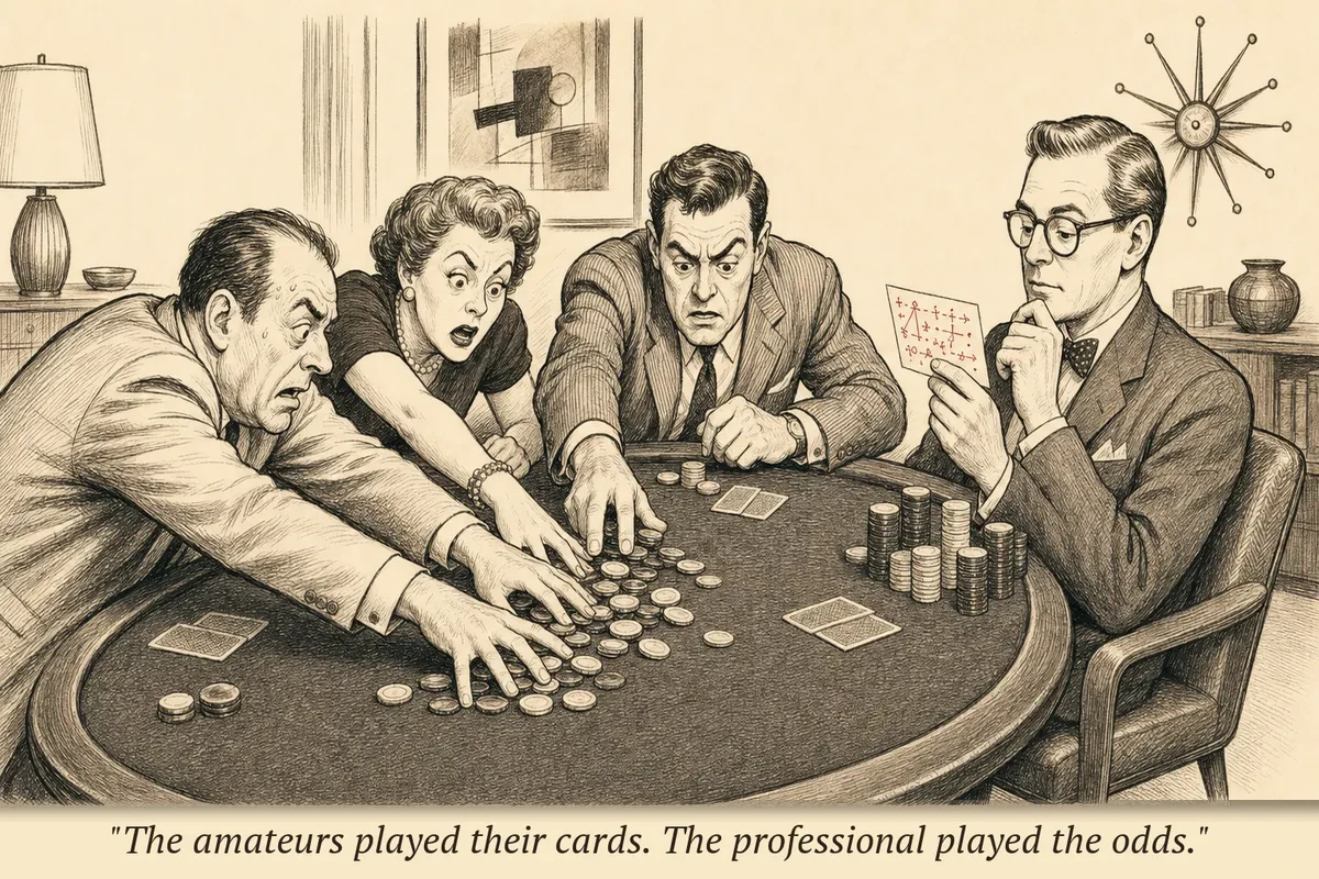 An operator at a poker table studying a formula card while other players push chips blindly into the pot