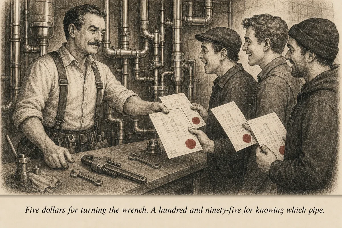 A plumber handing a blueprint of pipe layouts to three apprentices while a perfectly fixed pipe gleams behind him