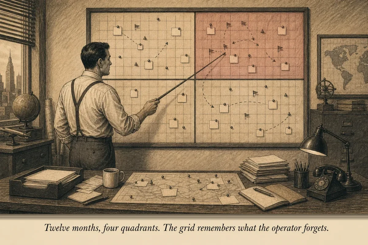 An operator pins a 5x5 grid to a corkboard, each cell filled with dots representing subscribers — the upper-right cluster is dense, the lower-left is thinning