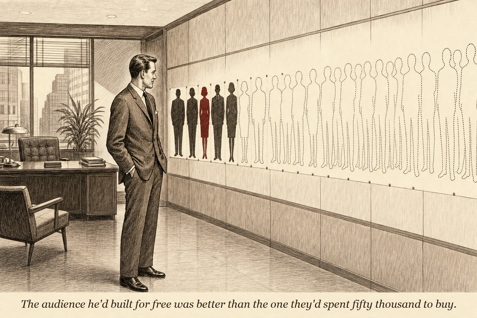 An operator studying a row of silhouettes on a wall — some are solid dark figures, others are faint dotted outlines that mirror the solid ones, suggesting lookalike copies being generated from originals