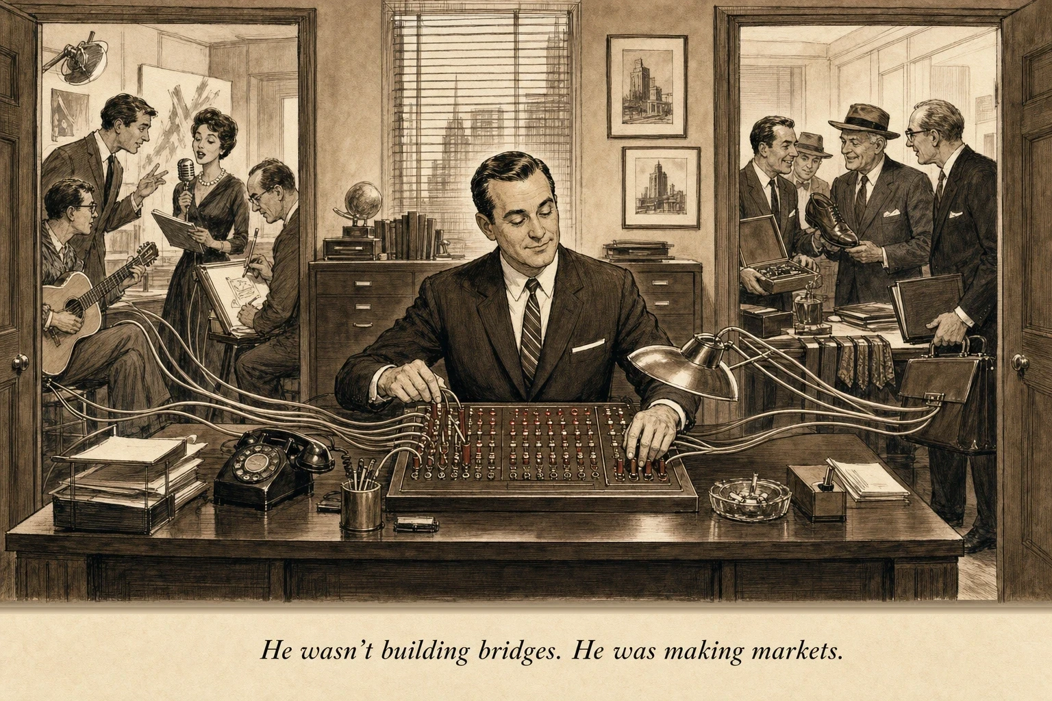 An operator at a trading desk with two windows — one showing creators with audiences, the other showing merchants with products — and the operator in the middle connecting them through a central switchboard