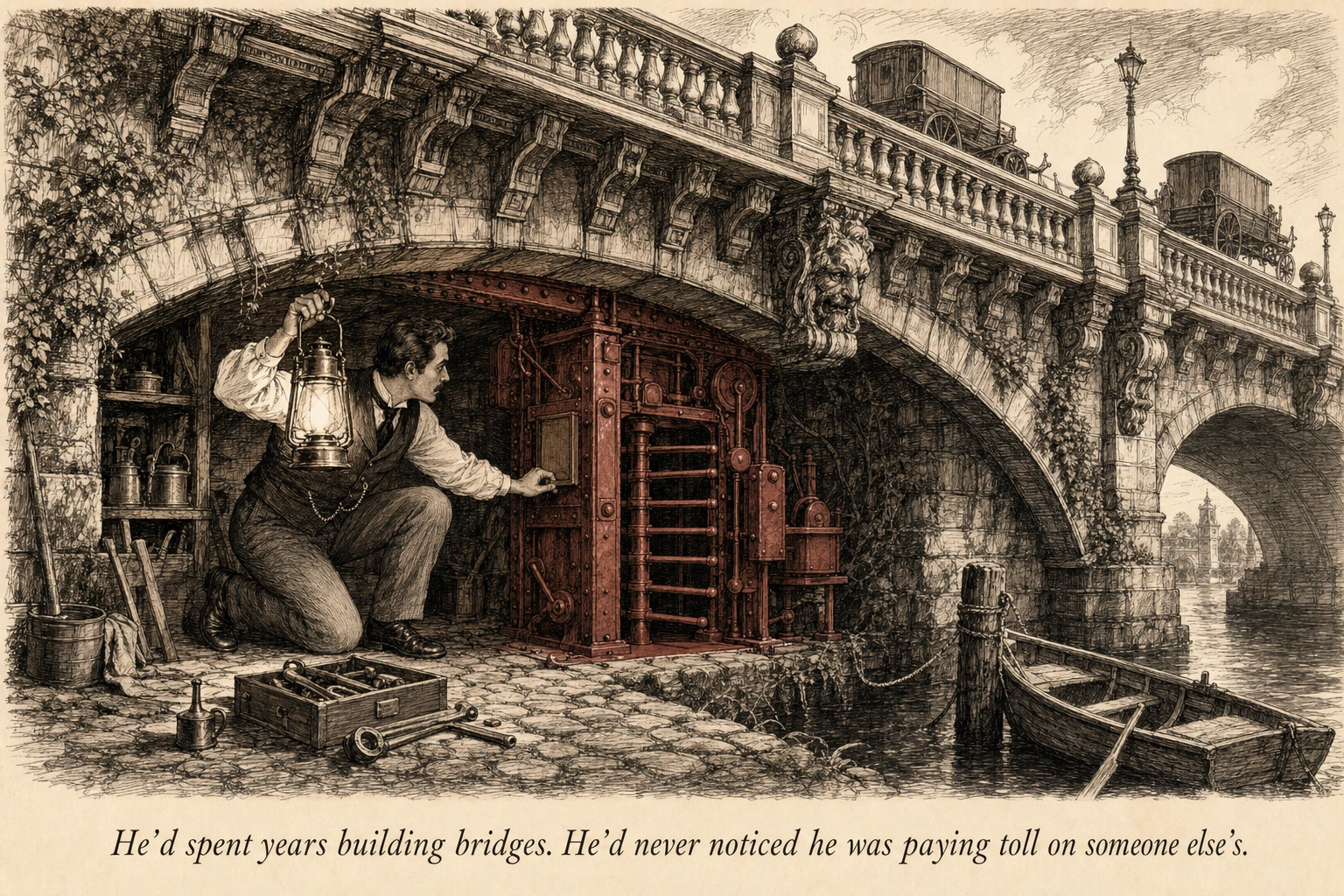 An operator studying the underside of a massive stone bridge, discovering the toll mechanism hidden in its architecture