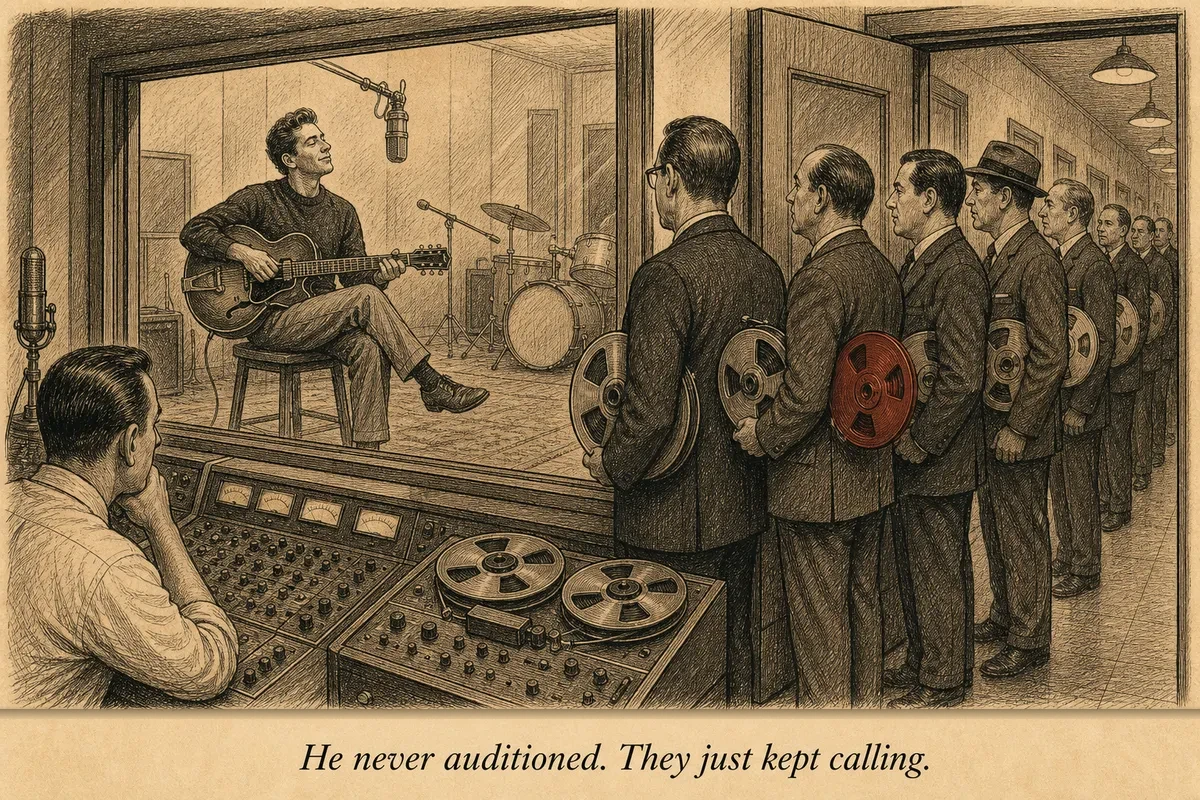 A session guitarist seated quietly in a recording studio while a line of producers wait outside the glass, each holding a reel of tape