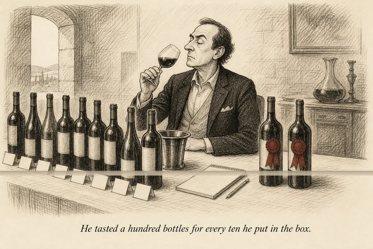 A wine sommelier tasting from a long row of bottles, most pushed aside with rejection marks, only two bottles remaining with approval ribbons