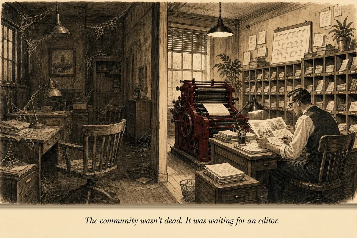 A room split in half — one side dusty and cobwebbed with abandoned desks, the other transformed into a functioning mini-magazine office with a printing press and contributor mailboxes