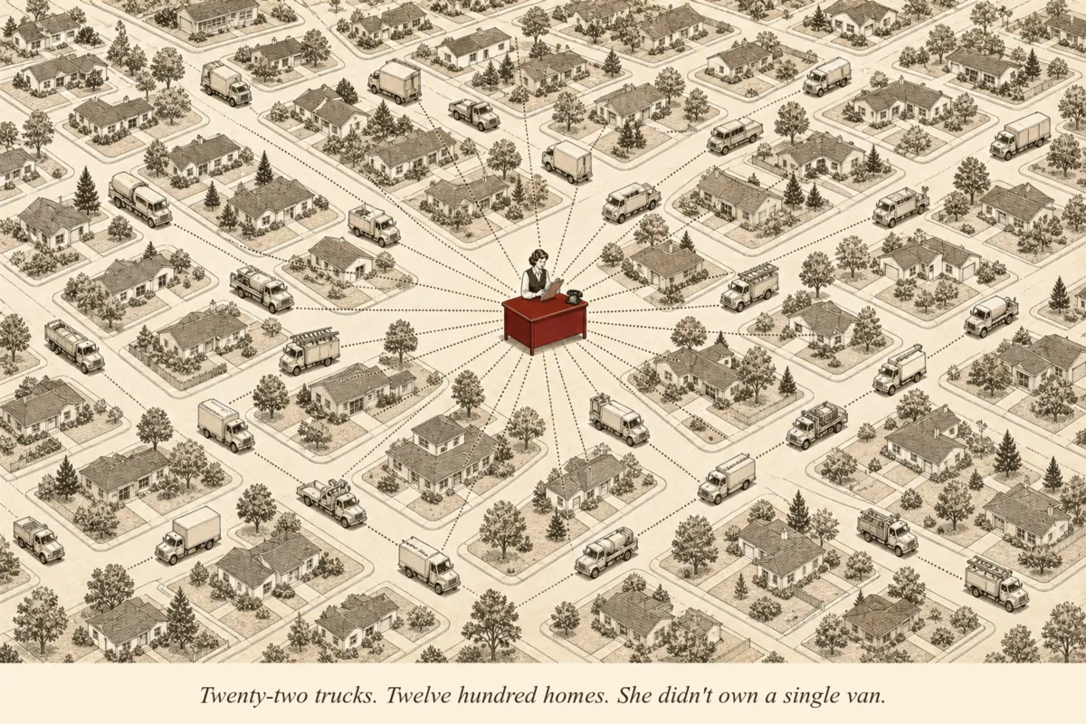 An operator standing at the center of a neighborhood map, with dotted lines connecting houses to a central hub while vendor trucks line up outside