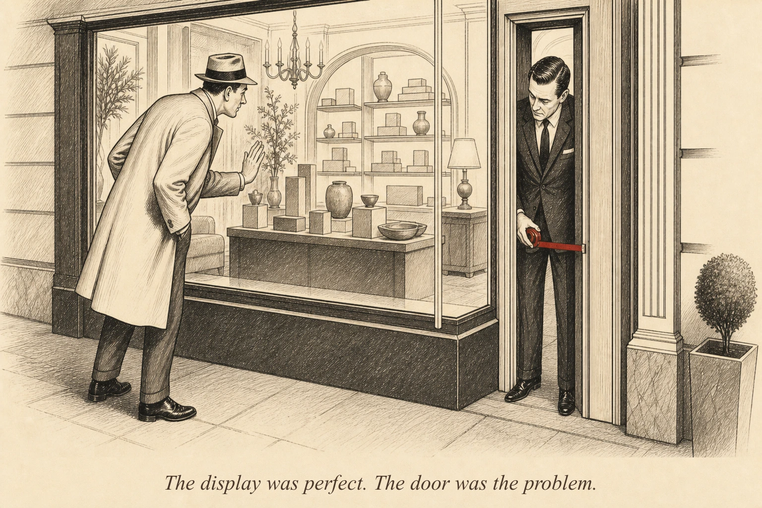A well-dressed shopkeeper inside a beautiful store measures the width of an absurdly narrow front door while a customer outside peers through a wide display window
