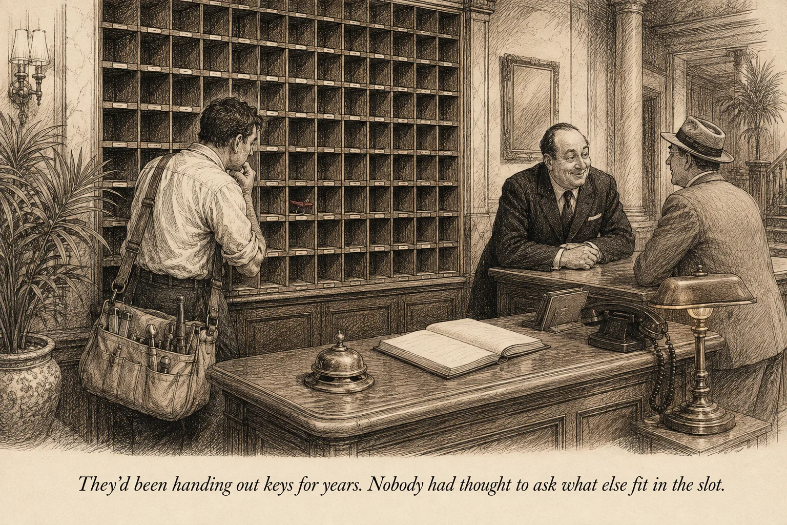 An engineer studies a wall of pigeonholes behind a hotel desk, most slots empty, one holding a small brass token, while the manager talks to a guest unaware