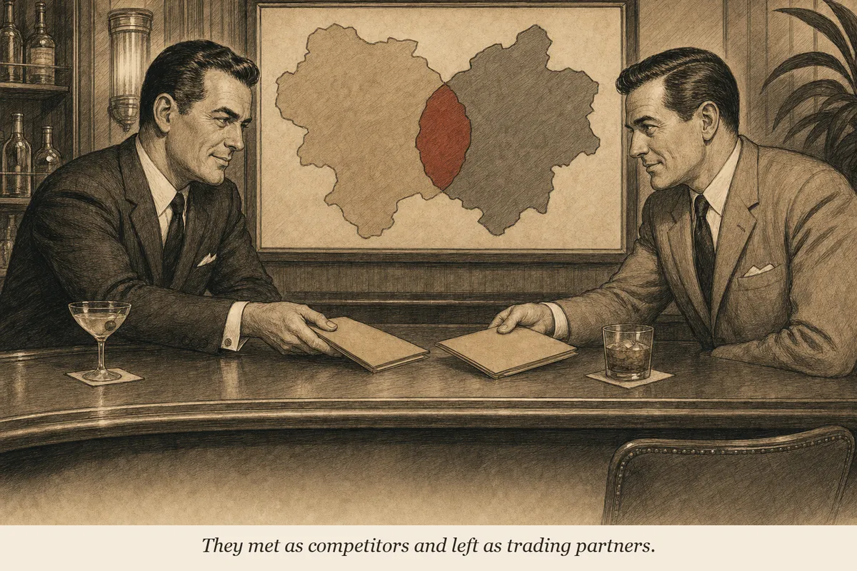 Two men at a cocktail bar sliding folders across the counter to each other while their territories are drawn on a map behind them