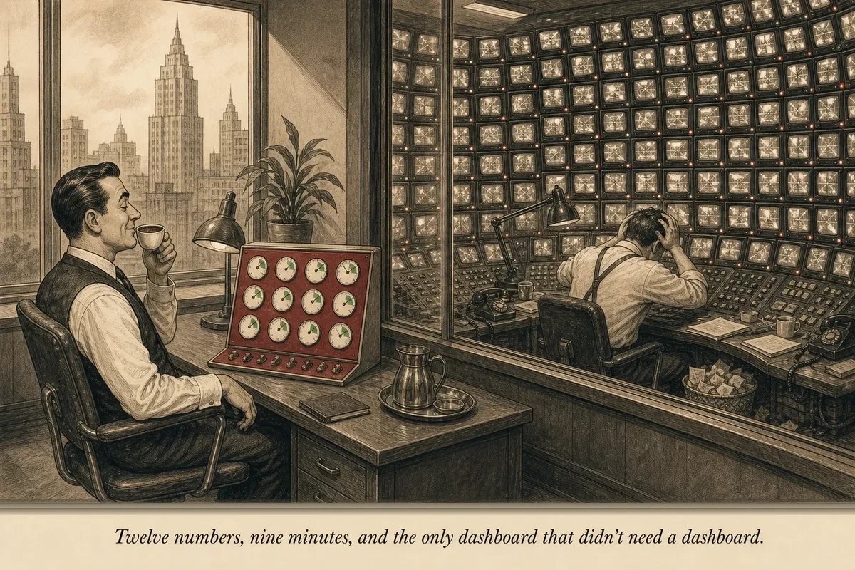 An operator glances at a small panel with 12 gauges while a SaaS founder drowns behind a wall of 200 blinking screens