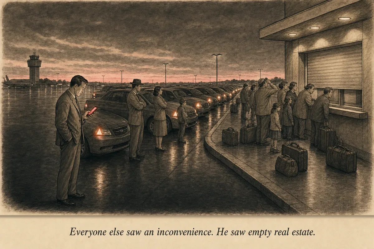 A dark airport rental car return lot at dawn — ten cars with hazard lights, families staring at a closed counter, while one person stands apart looking at their phone, seeing something the others miss