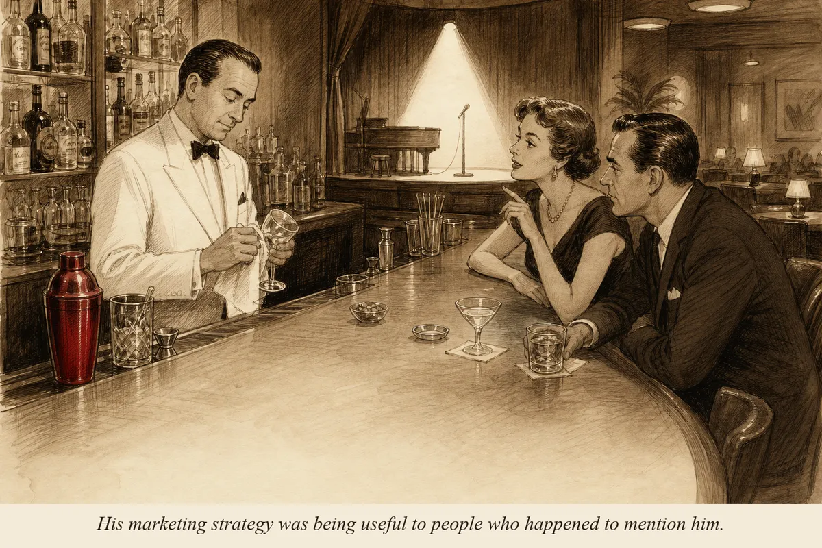 A bartender quietly polishing a glass behind a bar while two patrons lean in to ask him for a recommendation, a spotlight shining on an empty stage in the background