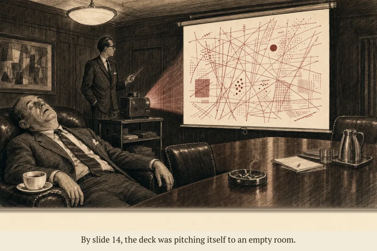A presenter stands next to an enormous projected slide deck in a dark room while the creator has fallen asleep in a leather chair