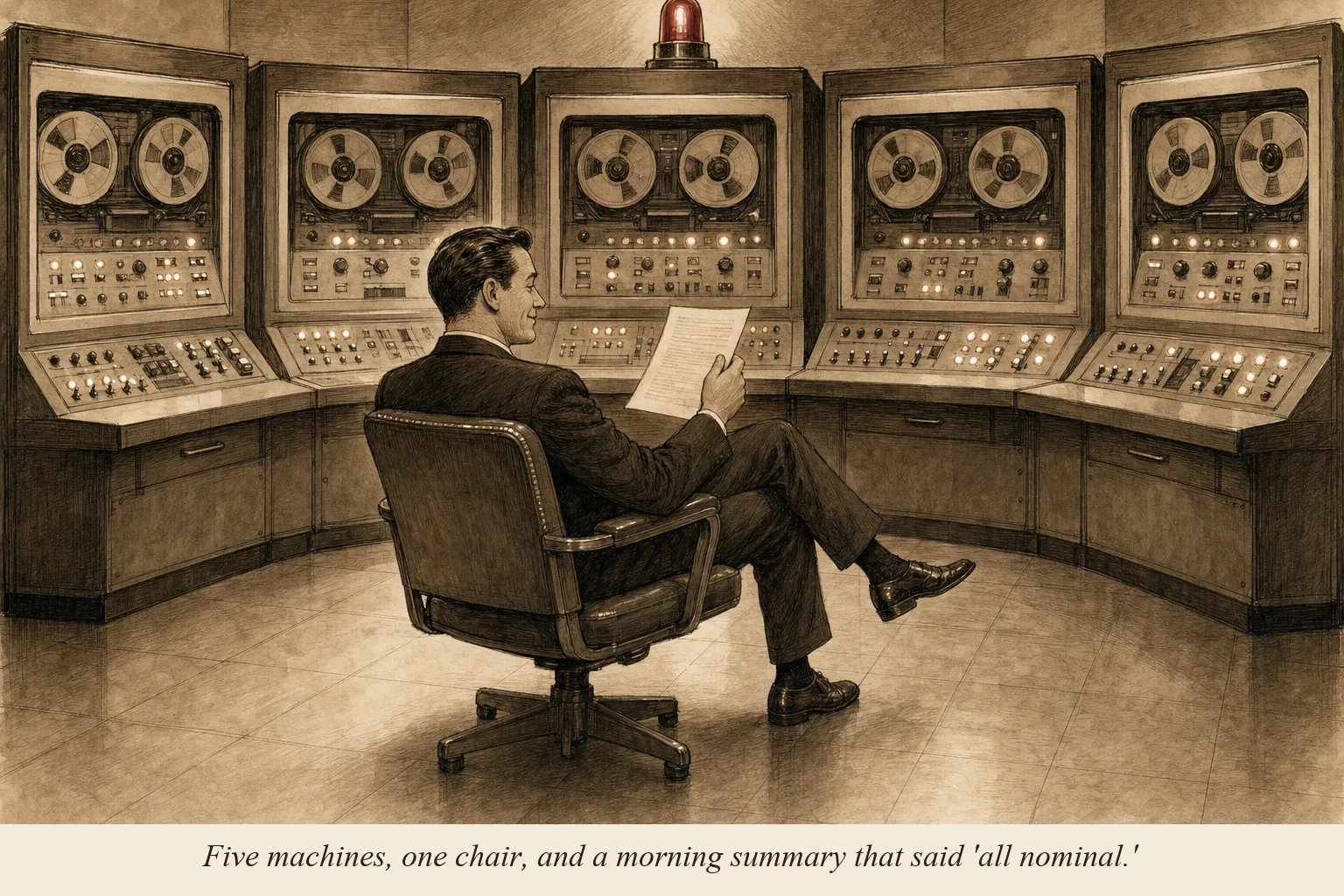 A 1960s office bullpen. Five robots in suits at desks — one types, one reads charts, one sorts mail, one circles items.