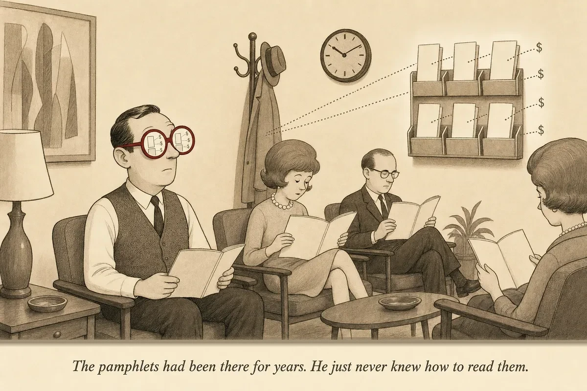 An operator in a doctor's waiting room wearing X-ray glasses, seeing through a pamphlet rack to reveal hidden revenue flows and connection points behind each brochure