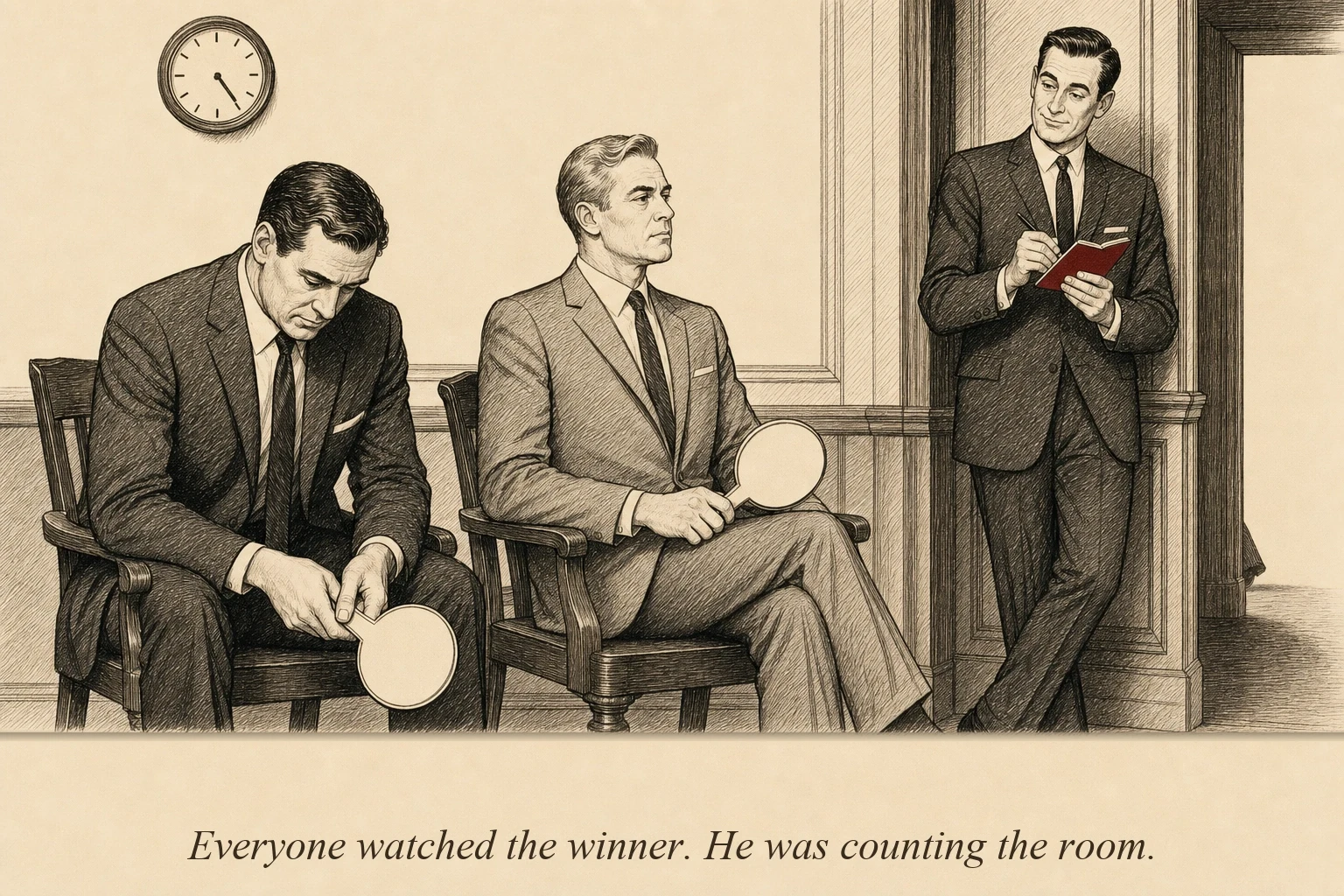 In an auction room after the gavel has fallen, an operator stands to the side studying two disappointed bidders who still hold their paddles while the winner exits