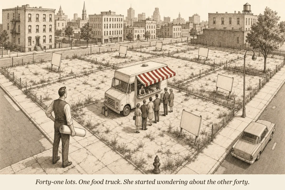 An operator standing in an empty lot between two buildings, one lot has a food truck earning money while the operator's lot grows weeds with a 'For Sale' sign