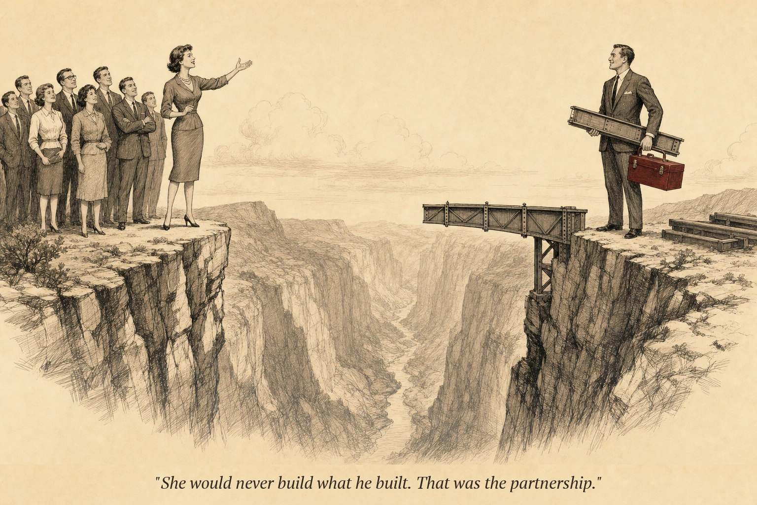 Two figures standing on opposite sides of a wide canyon — one is a creator with a megaphone and audience behind them, the other is an operator with tools and a bridge kit — the canyon between them will never close naturally